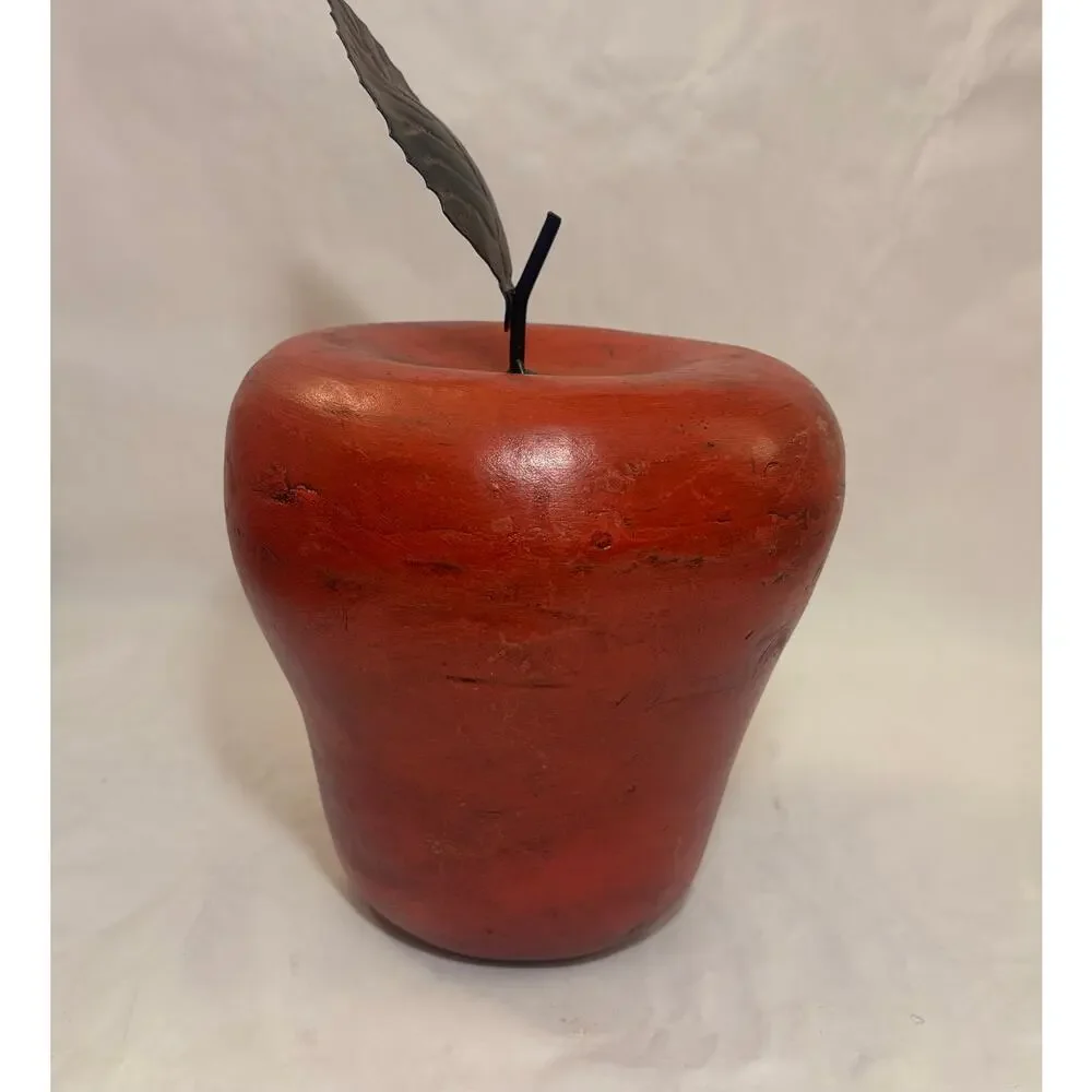 Large Red Wood Apple Hand turned Sculpture w/ Iron Leaf Distressed Finish